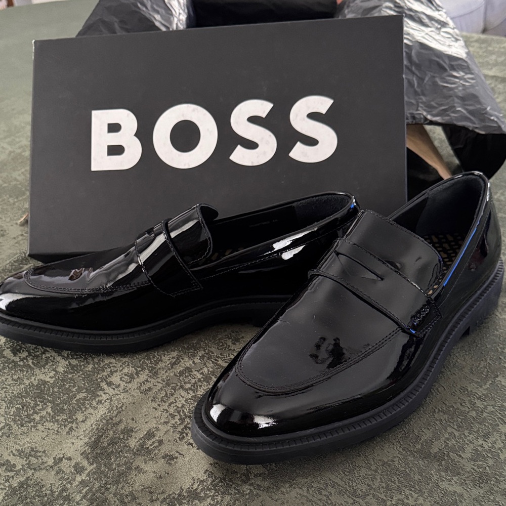 Boss Black Patent Leather Penny Loafers